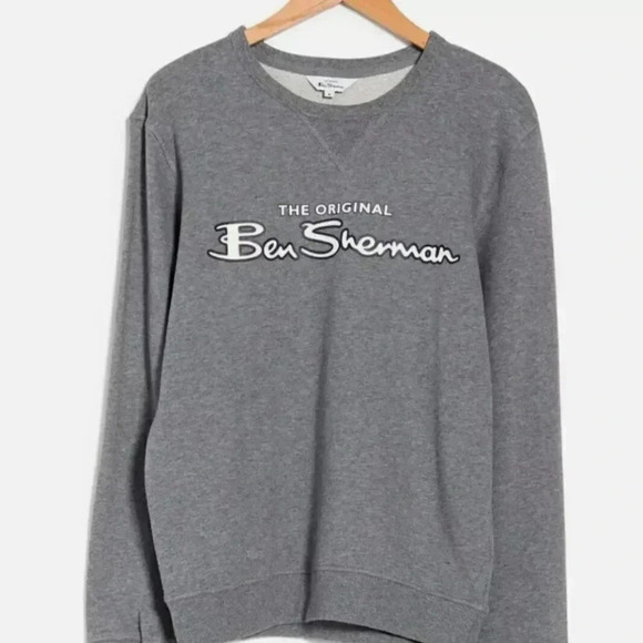 Ben Sherman Small Grey Heather Long Sleeve Men's Logo Crew Neck Cotton Sweater - Picture 3 of 10